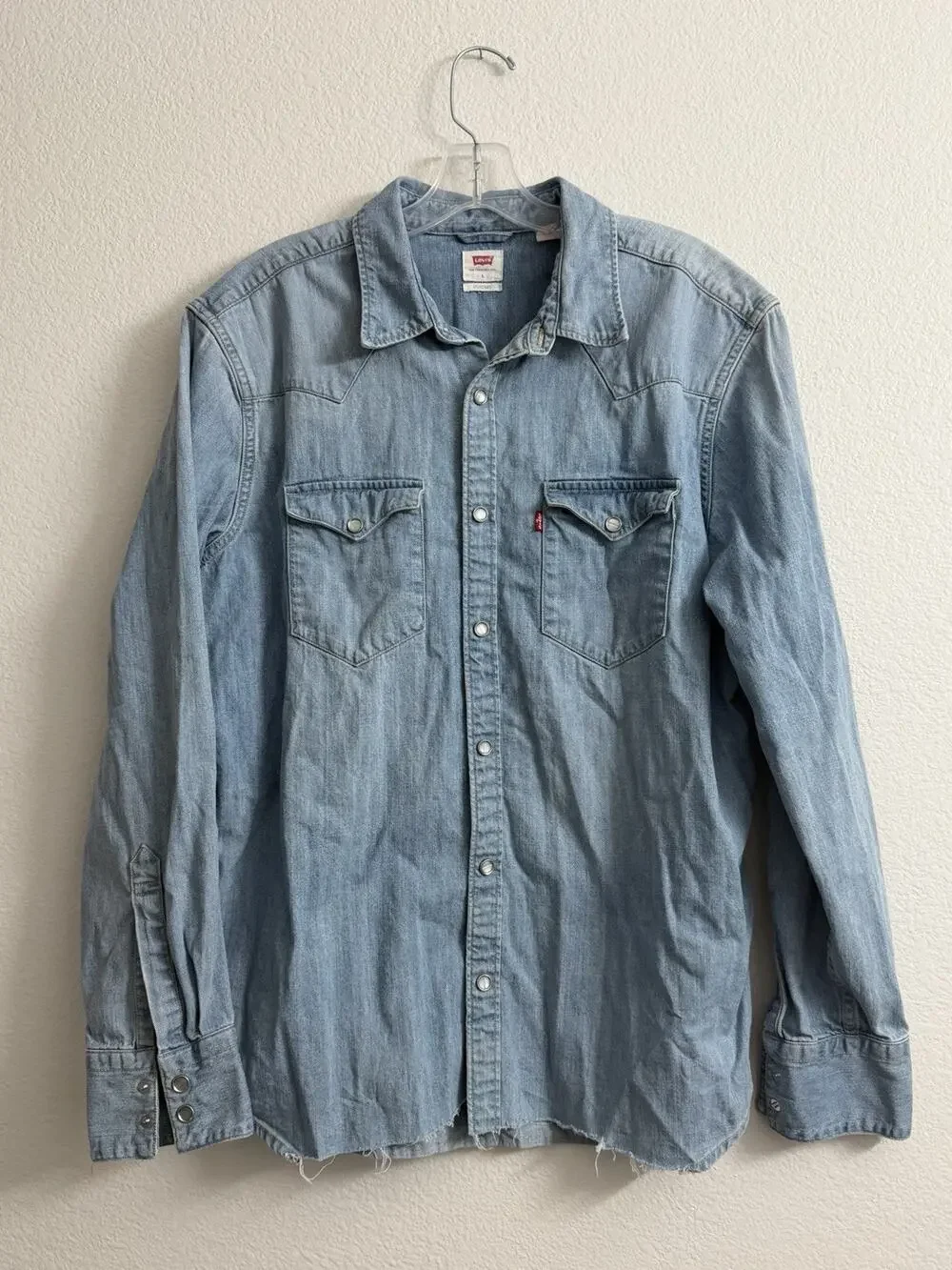 Levis Mens Shirt Large Blue Denim Western Pearl Snap Light Wash Rodeo Ranch